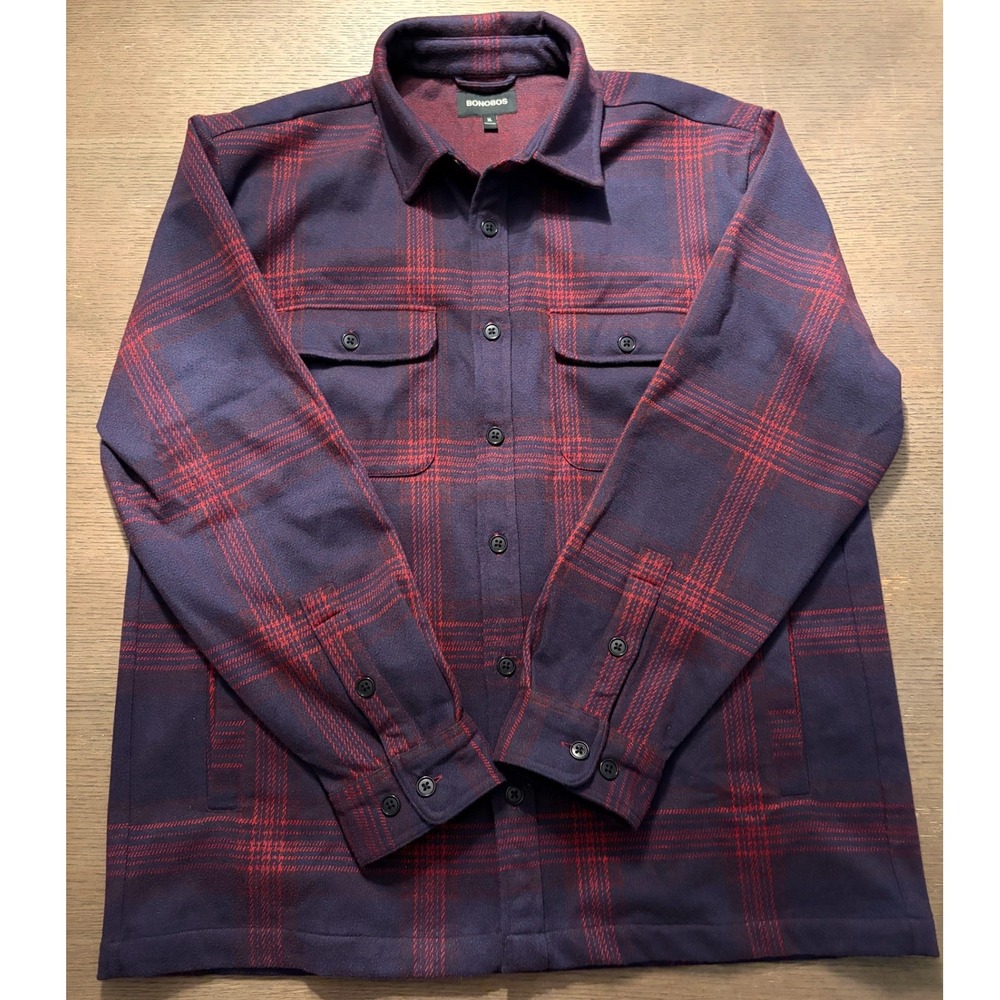 Bonobos Mens XL Plaid Fleece Shirt Jacket Navy Burgundy Button Front Shacket
